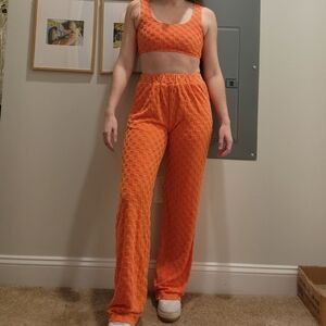 Orange Checkered Crop Top And Pant Set